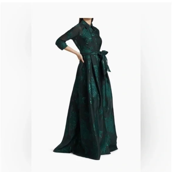 teri jon jacquard shirtdress gown with floral print in emerald - Picture 4 of 5